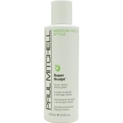 Paul Mitchell Medium Hold Style Super Sculpt Quick Styling Glaze. A white  bottle with black and lettering the word Medium Hold Style in green and a  green apple